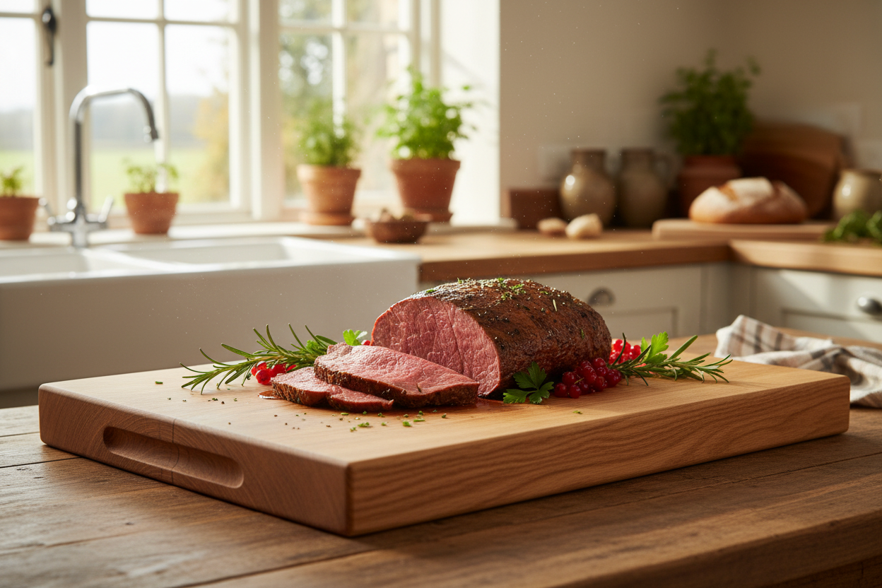 Live Edge Oak Chopping Board with Roast in Kitchen
